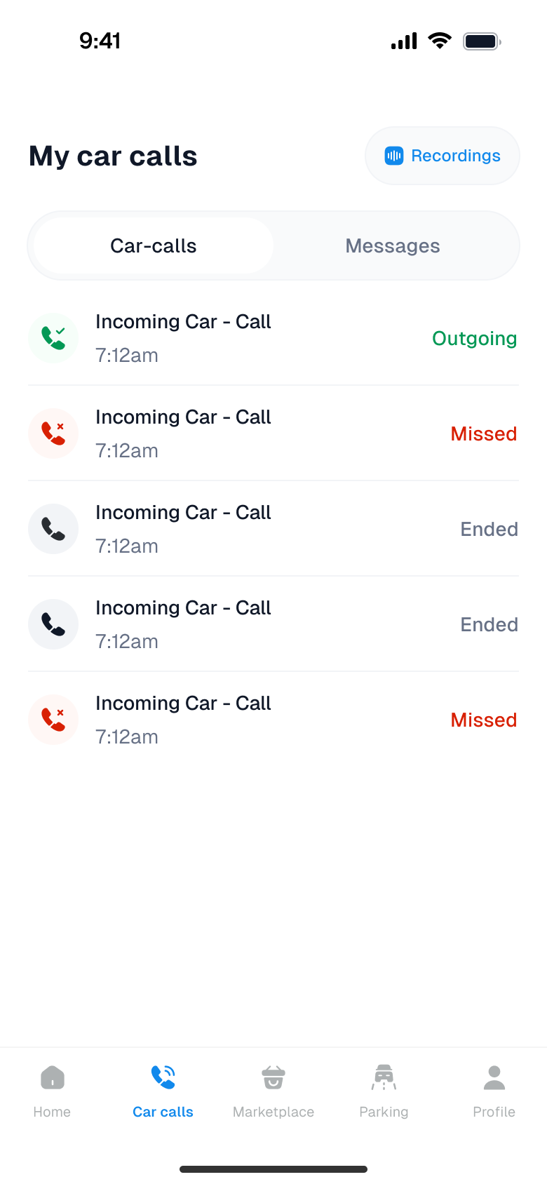 Car Call call log screen